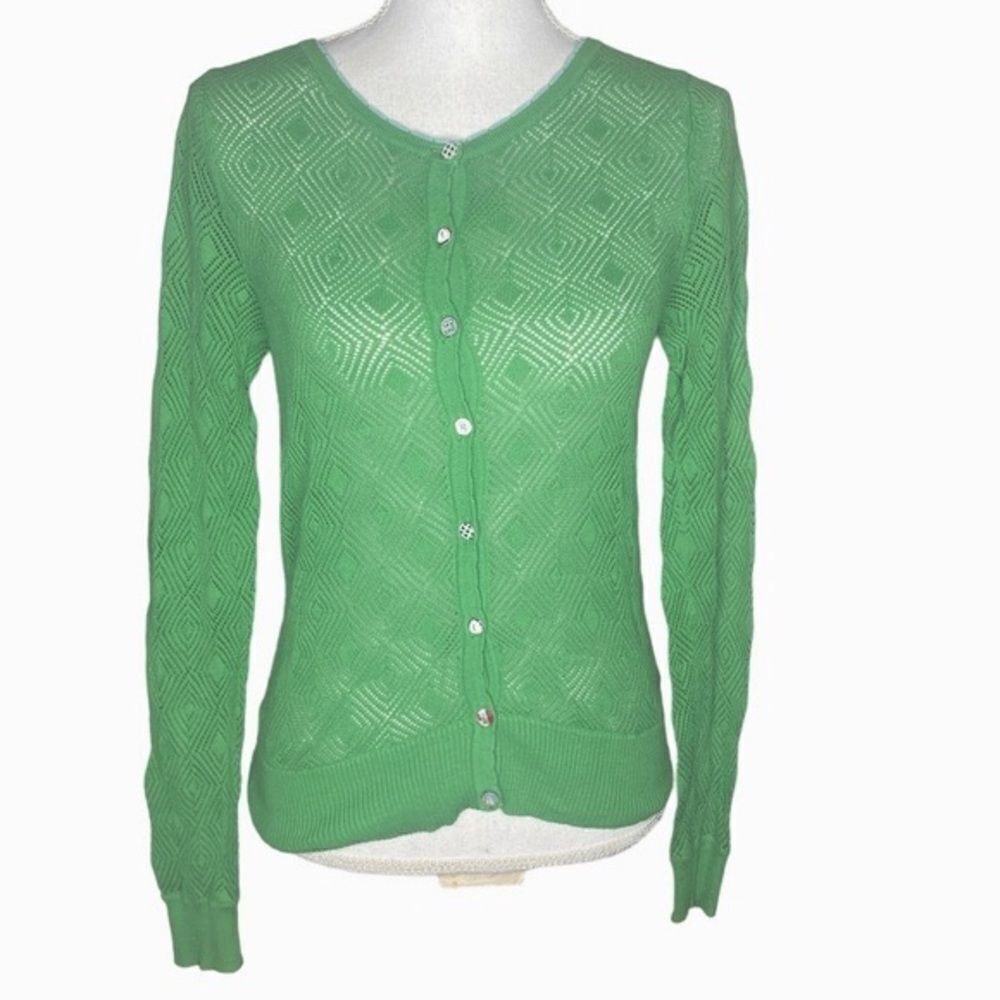 Matilda Jane Sz Sm Kelly Green Unique Accent Buttons Open Knit Light Cardigan